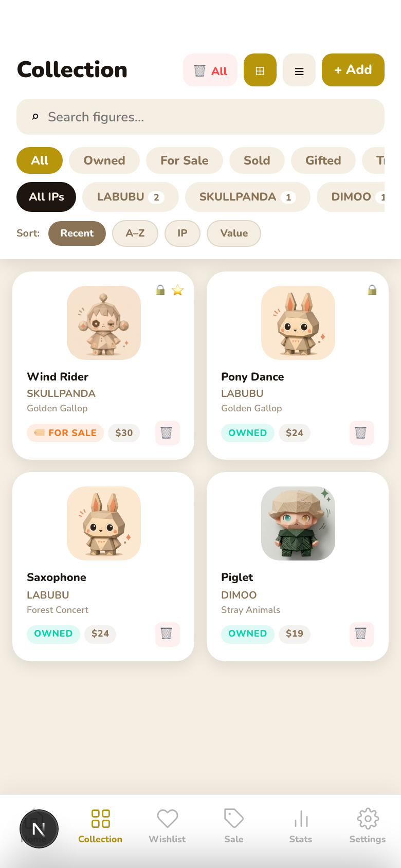Tinyhaul collection screen with figures organized by series