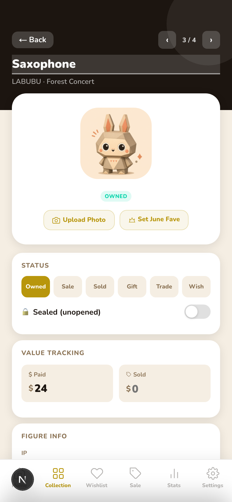 Tinyhaul figure detail screen with status, value, and notes